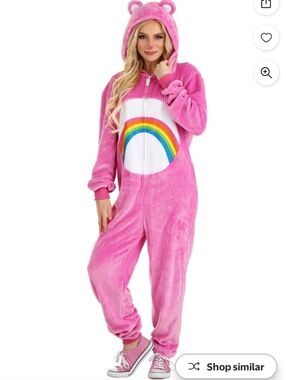 Care Bears Cheer Bear Pink Hooded Plush One Piece Pajama Costume Medium 8/10